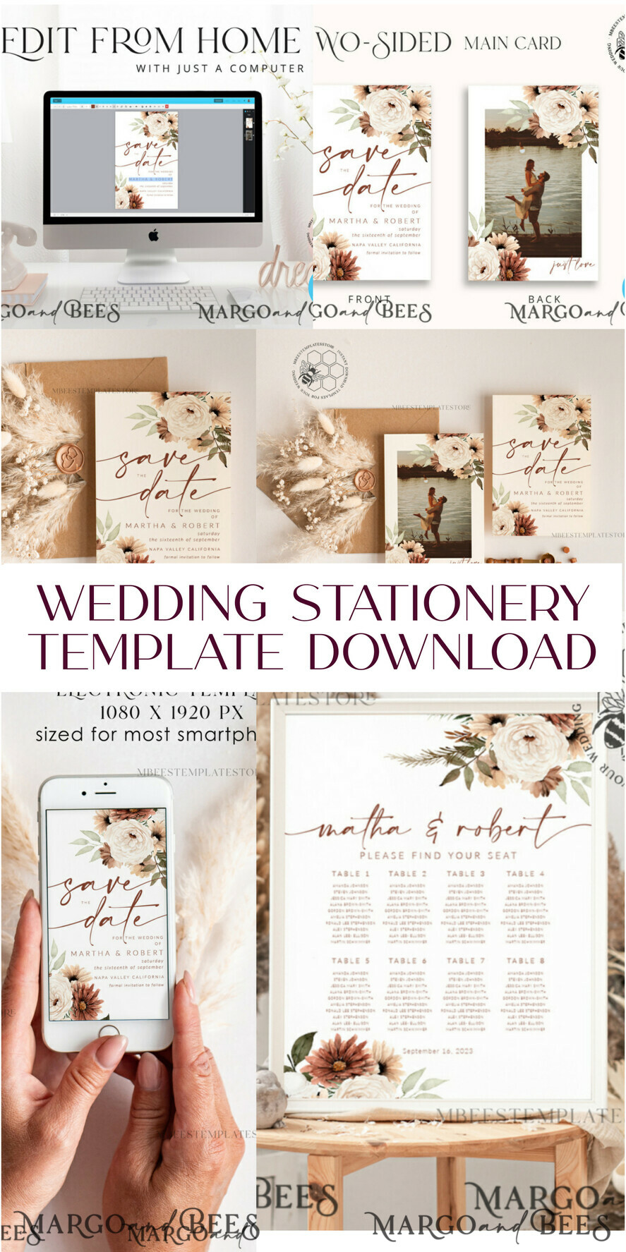 TEMPLETT wedding invitation download Boho Ivory wedding Invitations Set Template, Instant Download Printable Invites Home Printing, Simple Boho Wedding Invitation Card Set