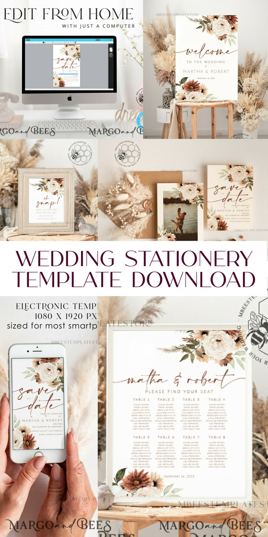 TEMPLETT wedding invitation download Boho Ivory wedding Invitations Set Template, Instant Download Printable Invites Home Printing, Simple Boho Wedding Invitation Card Set