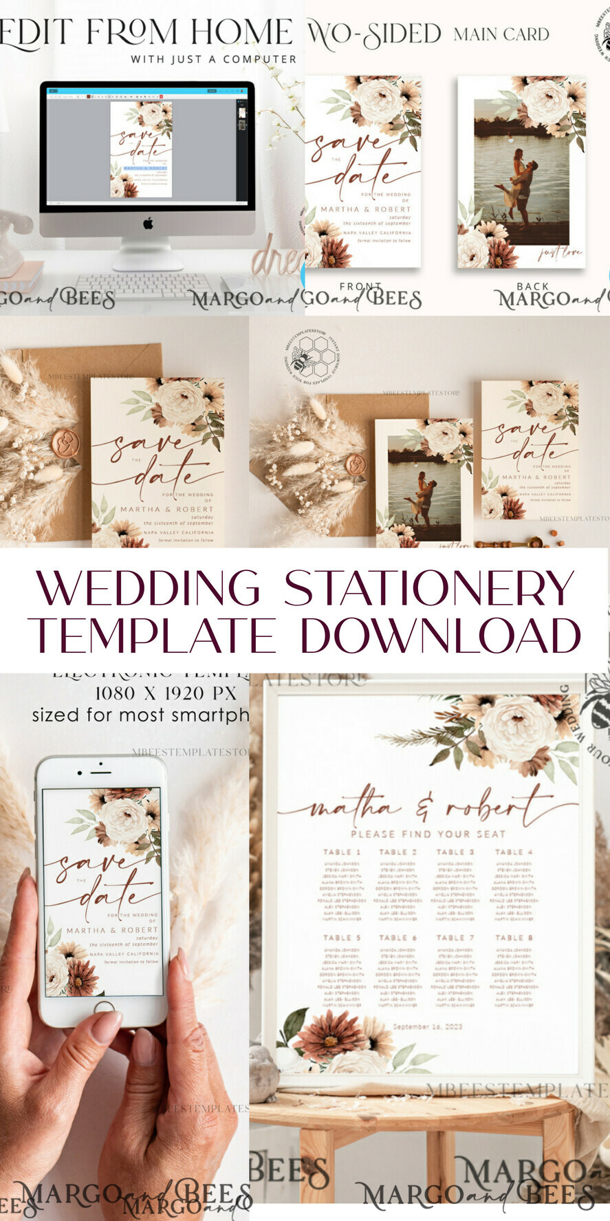 TEMPLETT wedding invitation download Boho Ivory wedding Invitations Set Template, Instant Download Printable Invites Home Printing, Simple Boho Wedding Invitation Card Set