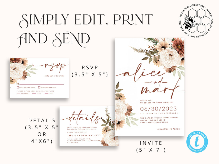 TEMPLETT wedding invitation download Boho Ivory wedding Invitations Set Template, Instant Download Printable Invites Home Printing, Simple Boho Wedding Invitation Card Set