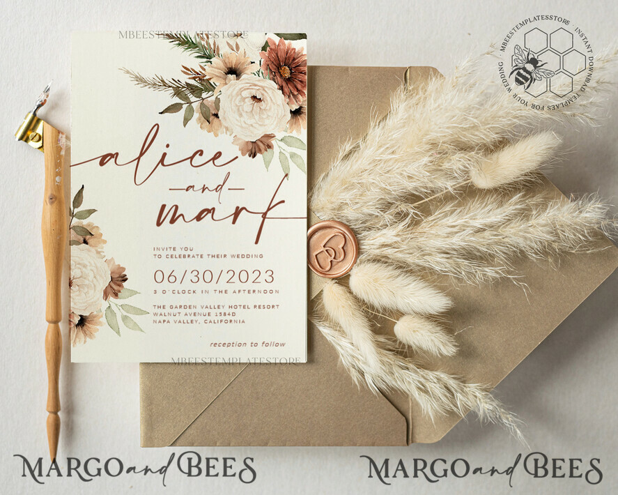 TEMPLETT wedding invitation download Boho Ivory wedding Invitations Set Template, Instant Download Printable Invites Home Printing, Simple Boho Wedding Invitation Card Set