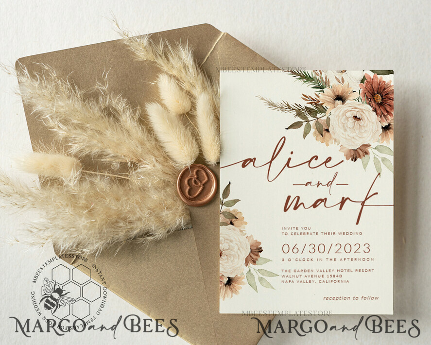 TEMPLETT wedding invitation download Boho Ivory wedding Invitations Set Template, Instant Download Printable Invites Home Printing, Simple Boho Wedding Invitation Card Set