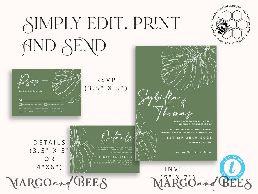 TEMPLETT wedding invitation download Sage Green wedding invitation template, Instant download Greenery Wedding Invites, Monstera Garden Wedding Invitations Set Printable