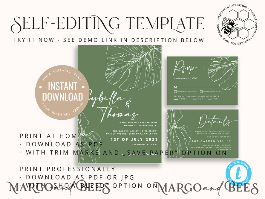 TEMPLETT wedding invitation download Sage Green wedding invitation template, Instant download Greenery Wedding Invites, Monstera Garden Wedding Invitations Set Printable