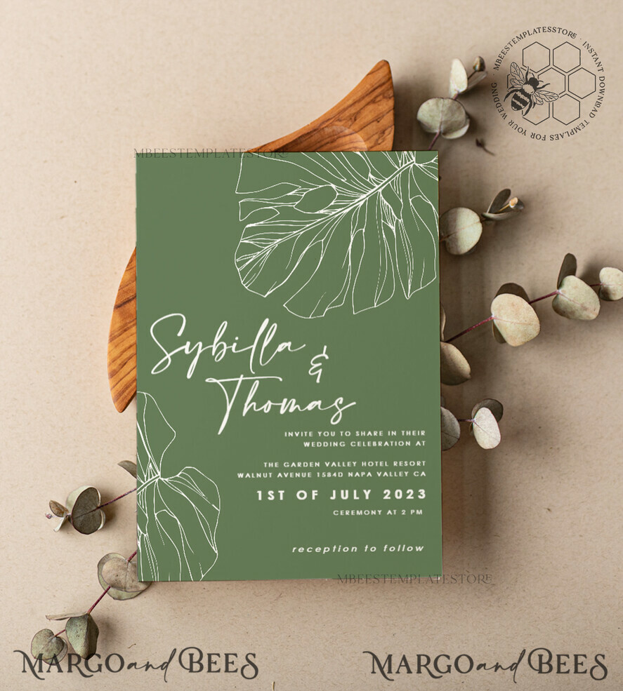 TEMPLETT wedding invitation download Sage Green wedding invitation template, Instant download Greenery Wedding Invites, Monstera Garden Wedding Invitations Set Printable