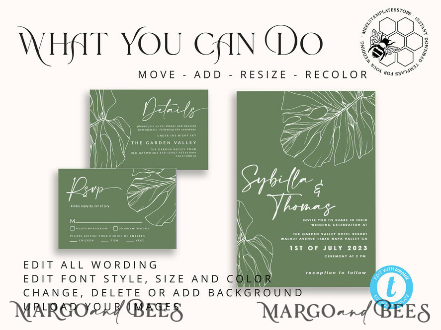 TEMPLETT wedding invitation download Sage Green wedding invitation template, Instant download Greenery Wedding Invites, Monstera Garden Wedding Invitations Set Printable