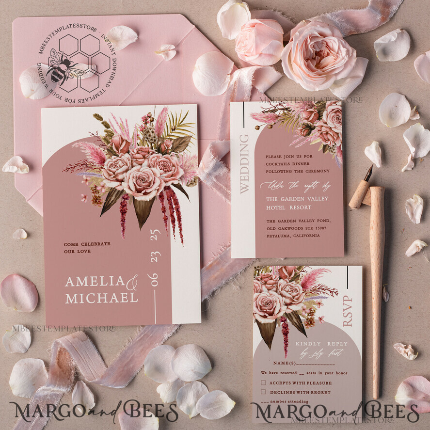 Arch Blush wedding Invitation Template, Instant Download Printable Invites  Home Printing, Pink Boho Wedding Invitation Card Set Template