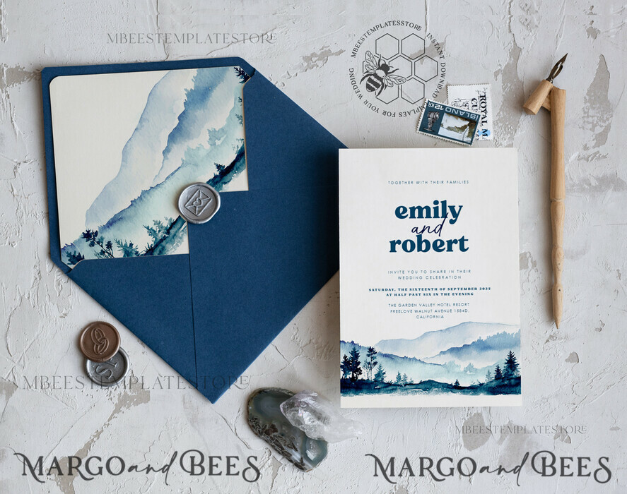 TEMPLETT wedding invitation download Blue Mountain wedding invitation template, Instant download Mountain Simple Wedding Invites, Forest Wedding Invitation Printable Template, Forest invites