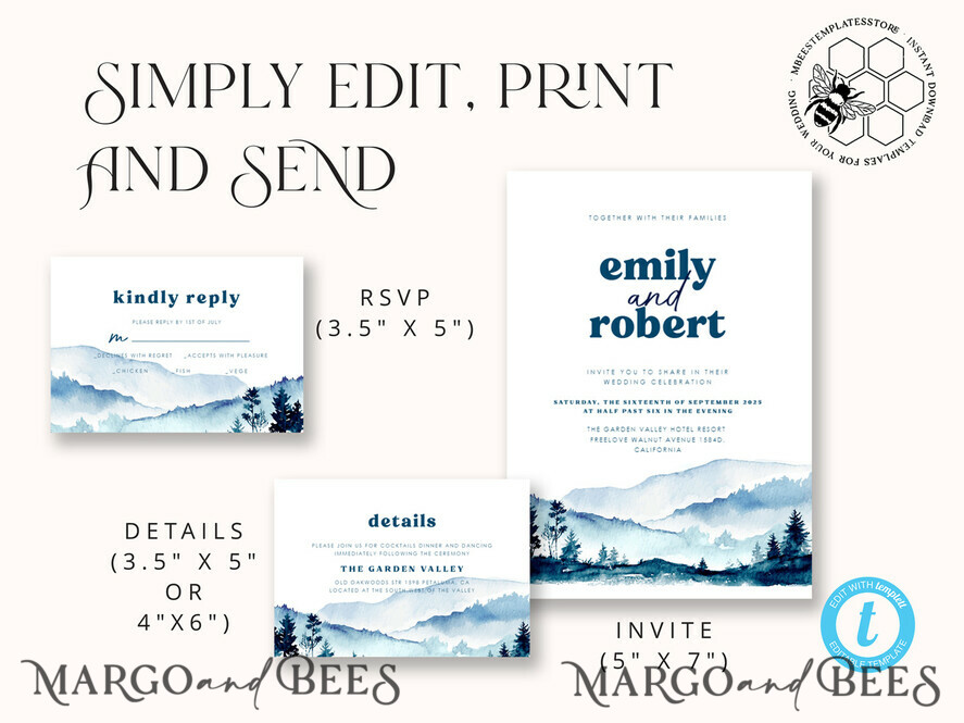 TEMPLETT wedding invitation download Blue Mountain wedding invitation template, Instant download Mountain Simple Wedding Invites, Forest Wedding Invitation Printable Template, Forest invites