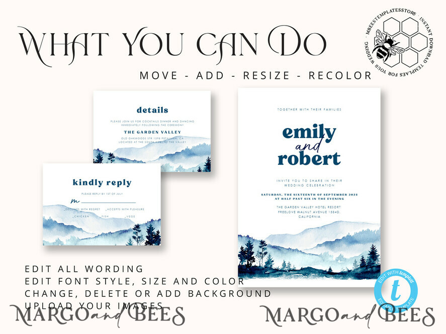 TEMPLETT wedding invitation download Blue Mountain wedding invitation template, Instant download Mountain Simple Wedding Invites, Forest Wedding Invitation Printable Template, Forest invites