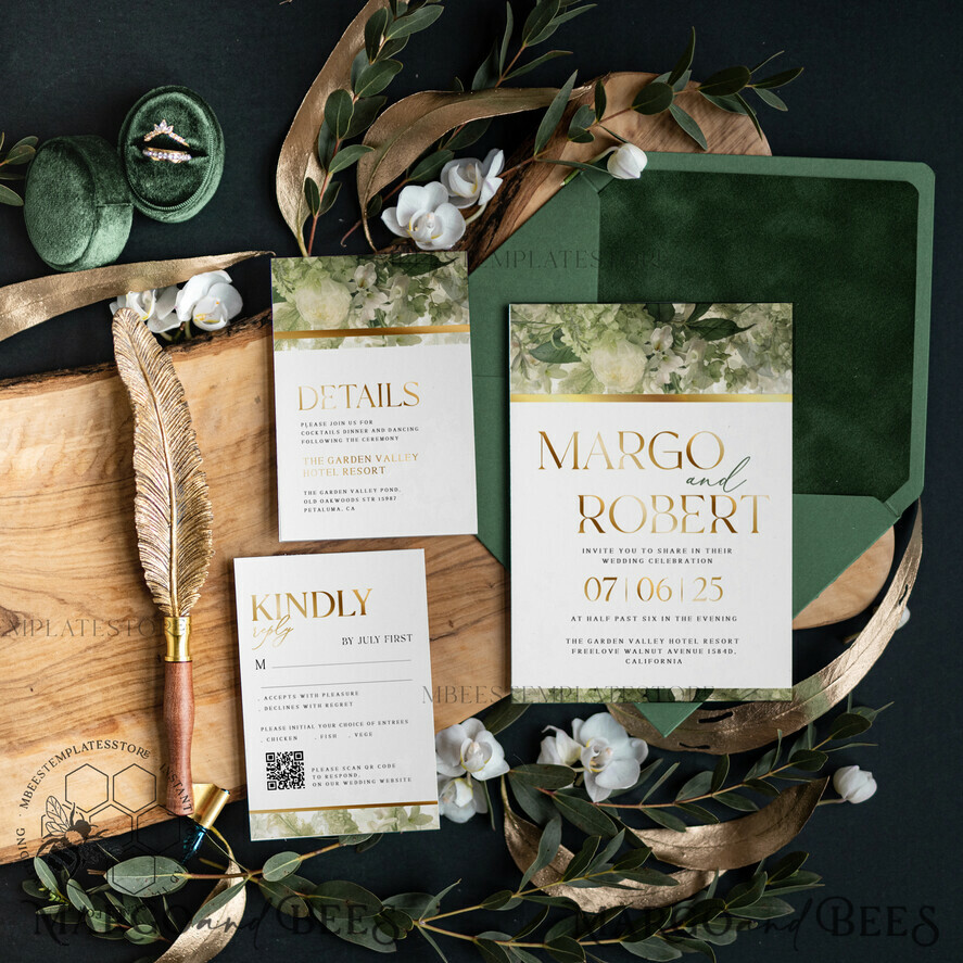 TEMPLETT wedding invitation download Green wedding Invitations Set Template, Instant Download Printable Invites Home Printing, Gold Glamour Botanical Wedding Invitation Cards