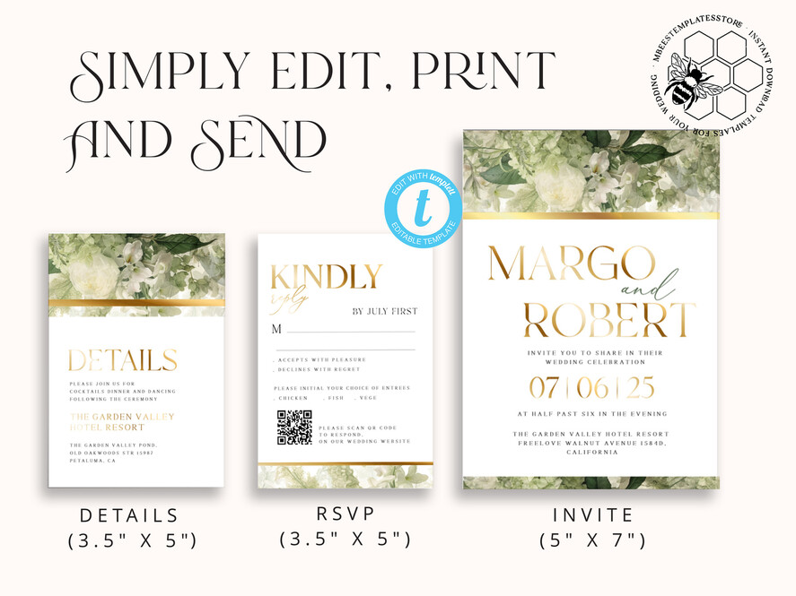 TEMPLETT wedding invitation download Green wedding Invitations Set Template, Instant Download Printable Invites Home Printing, Gold Glamour Botanical Wedding Invitation Cards