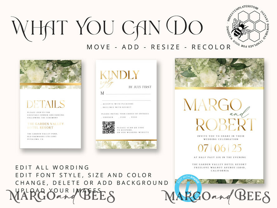 TEMPLETT wedding invitation download Green wedding Invitations Set Template, Instant Download Printable Invites Home Printing, Gold Glamour Botanical Wedding Invitation Cards