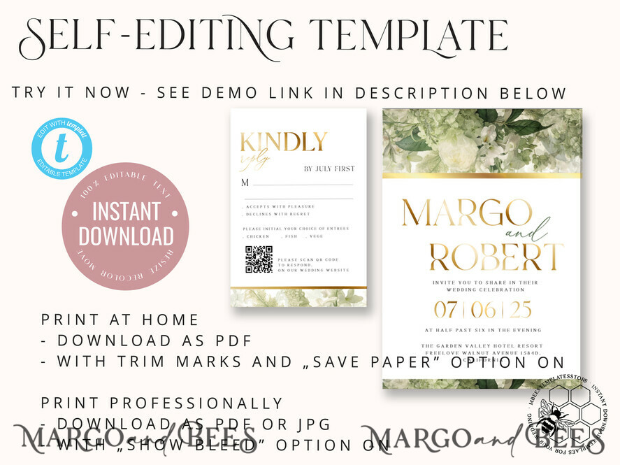 TEMPLETT wedding invitation download Green wedding Invitations Set Template, Instant Download Printable Invites Home Printing, Gold Glamour Botanical Wedding Invitation Cards