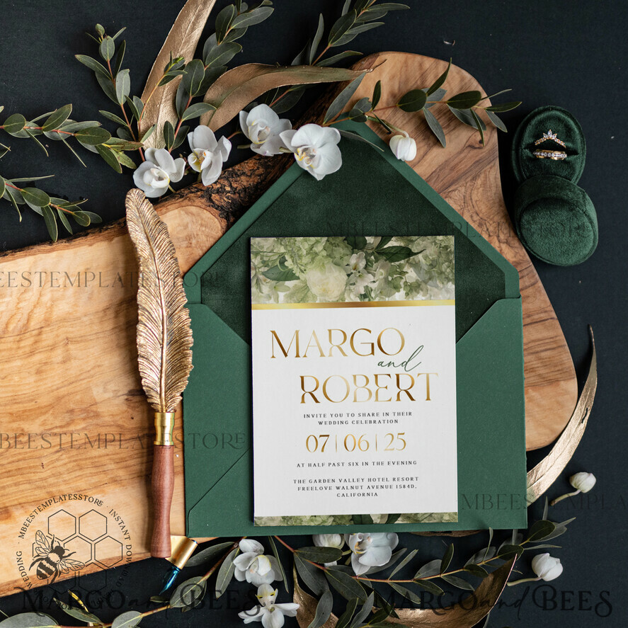 TEMPLETT wedding invitation download Green wedding Invitations Set Template, Instant Download Printable Invites Home Printing, Gold Glamour Botanical Wedding Invitation Cards