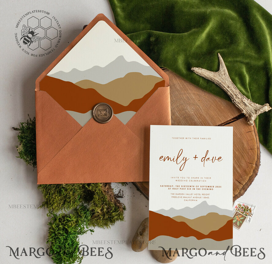 TEMPLETT wedding invitation download Terracotta Mountain wedding invitation template, Instant download Simple Wedding Invites, Forest Wedding Invitation Printable Template, terracotta invites