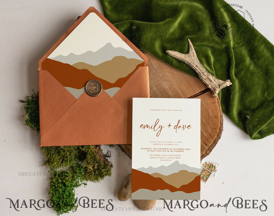 TEMPLETT wedding invitation download Terracotta Mountain wedding invitation template, Instant download Simple Wedding Invites, Forest Wedding Invitation Printable Template, terracotta invites