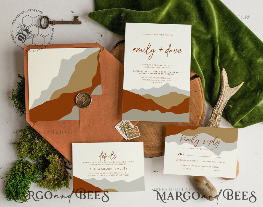 TEMPLETT wedding invitation download Terracotta Mountain wedding invitation template, Instant download Simple Wedding Invites, Forest Wedding Invitation Printable Template, terracotta invites