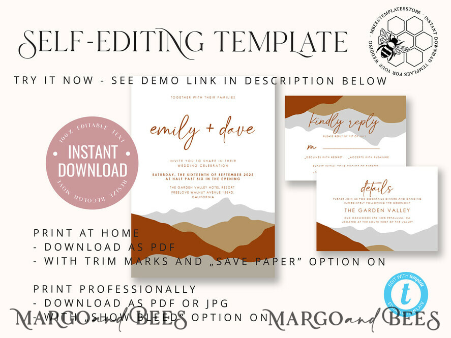 TEMPLETT wedding invitation download Terracotta Mountain wedding invitation template, Instant download Simple Wedding Invites, Forest Wedding Invitation Printable Template, terracotta invites