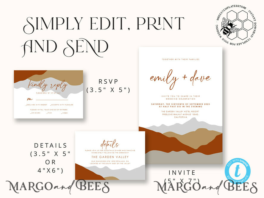 TEMPLETT wedding invitation download Terracotta Mountain wedding invitation template, Instant download Simple Wedding Invites, Forest Wedding Invitation Printable Template, terracotta invites