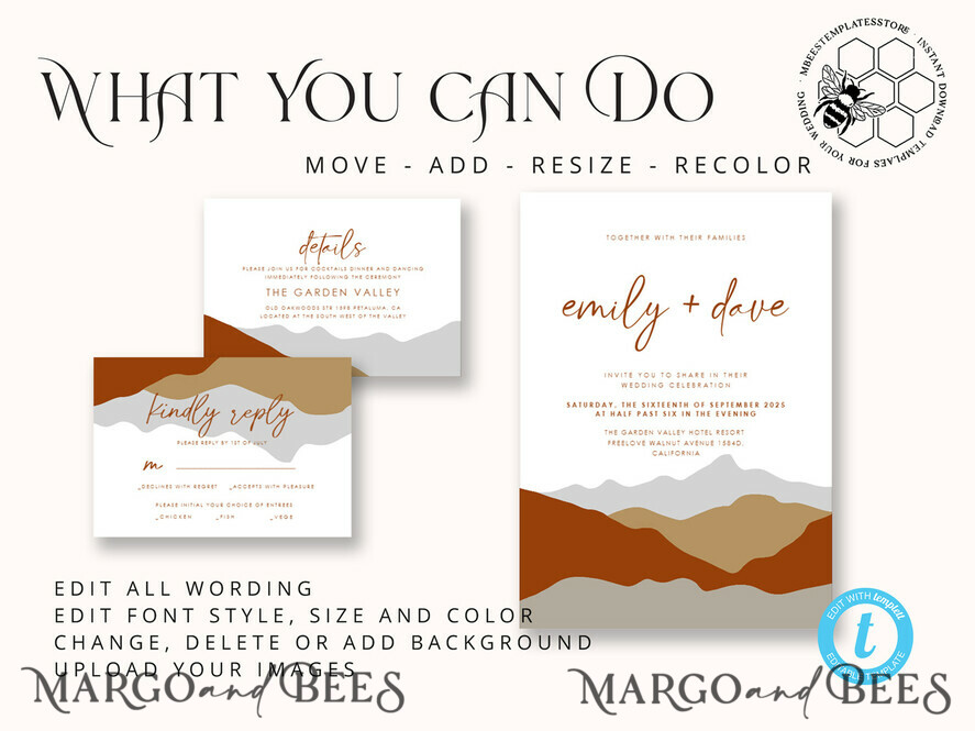 TEMPLETT wedding invitation download Terracotta Mountain wedding invitation template, Instant download Simple Wedding Invites, Forest Wedding Invitation Printable Template, terracotta invites