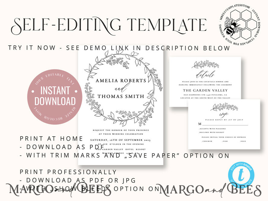 TEMPLETT wedding invitation download Fine Art Wreath wedding Invitations Evite Set Template Instant Download Printable Invites Home Printing Boho Chick Invitation Smartphone Set