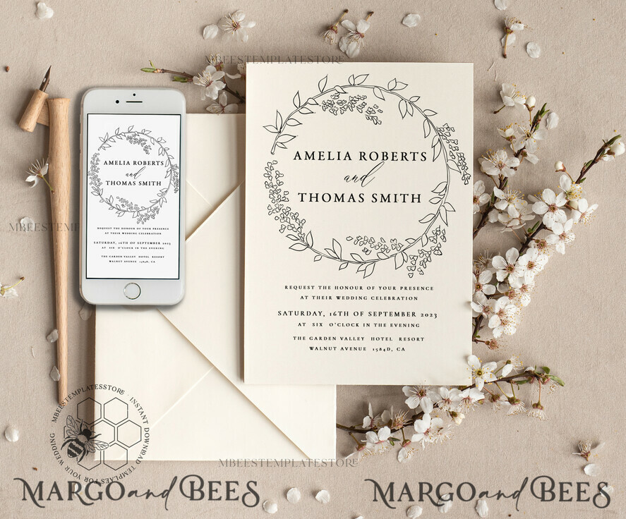 TEMPLETT wedding invitation download Fine Art Wreath wedding Invitations Evite Set Template Instant Download Printable Invites Home Printing Boho Chick Invitation Smartphone Set