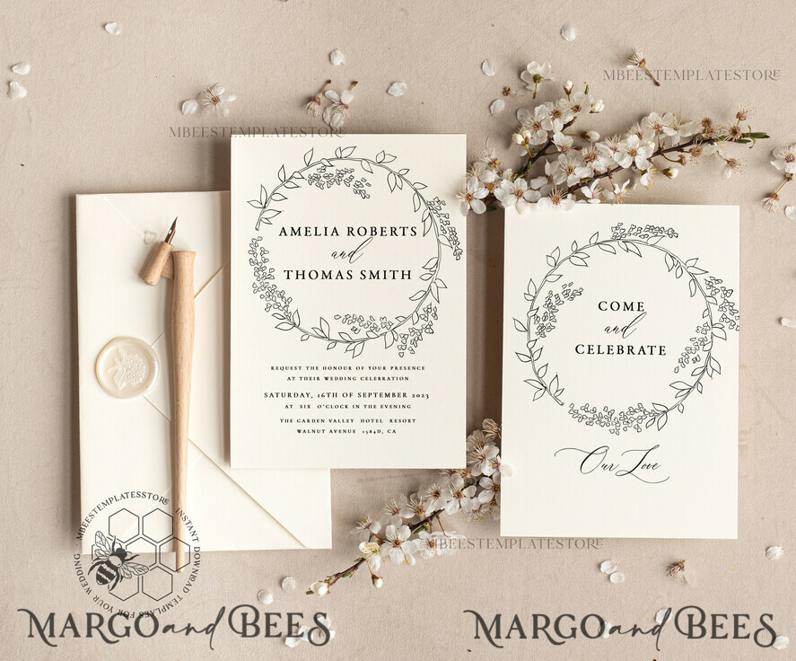 TEMPLETT wedding invitation download Fine Art Wreath wedding Invitations Evite Set Template Instant Download Printable Invites Home Printing Boho Chick Invitation Smartphone Set