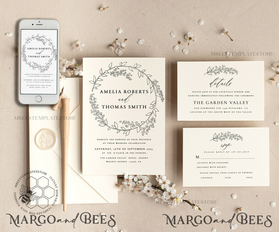 TEMPLETT wedding invitation download Fine Art Wreath wedding Invitations Evite Set Template Instant Download Printable Invites Home Printing Boho Chick Invitation Smartphone Set