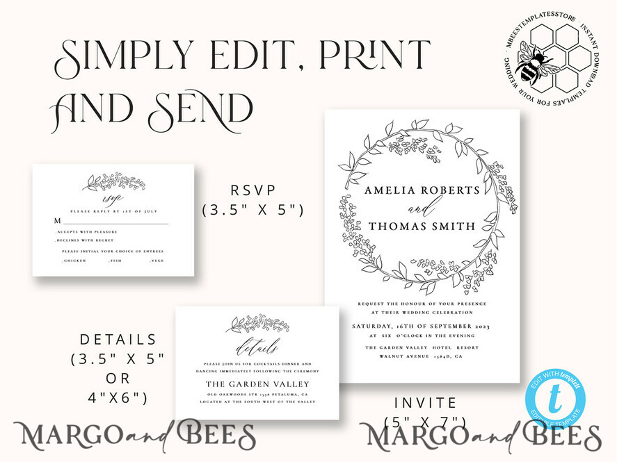 TEMPLETT wedding invitation download Fine Art Wreath wedding Invitations Evite Set Template Instant Download Printable Invites Home Printing Boho Chick Invitation Smartphone Set