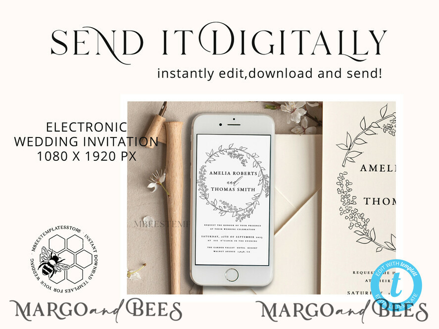 TEMPLETT wedding invitation download Fine Art Wreath wedding Invitations Evite Set Template Instant Download Printable Invites Home Printing Boho Chick Invitation Smartphone Set