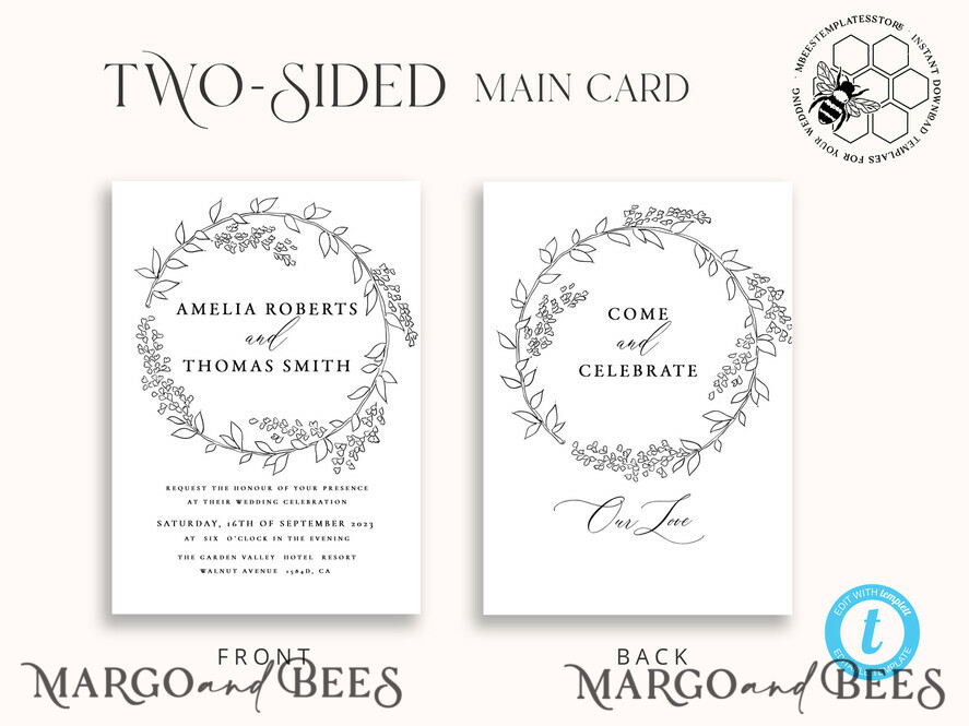 TEMPLETT wedding invitation download Fine Art Wreath wedding Invitations Evite Set Template Instant Download Printable Invites Home Printing Boho Chick Invitation Smartphone Set