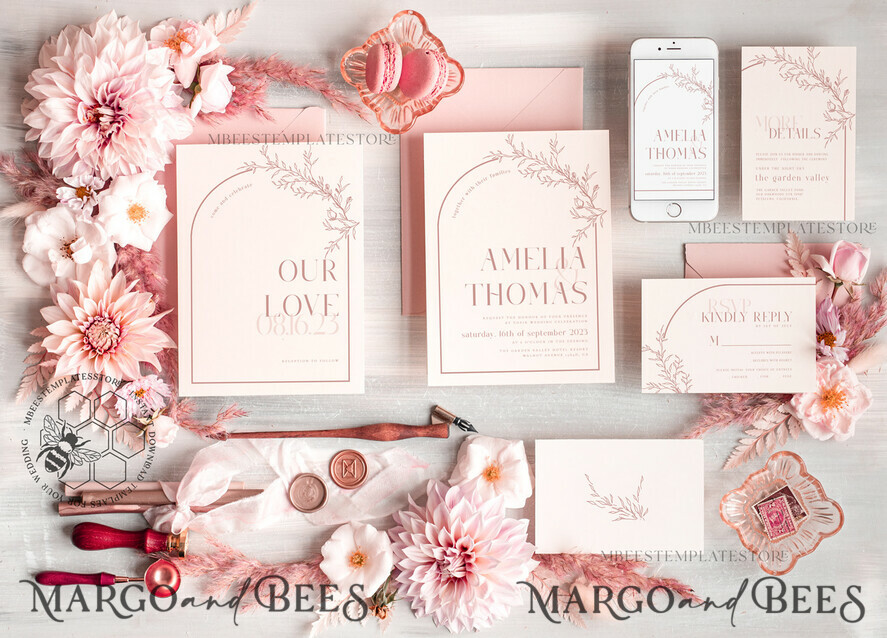 TEMPLETT wedding invitation download Boho Blush Pink wedding Invitations Set Template, Instant Download Printable Invites Home Printing, Simple Wedding Invitation Card, WB14