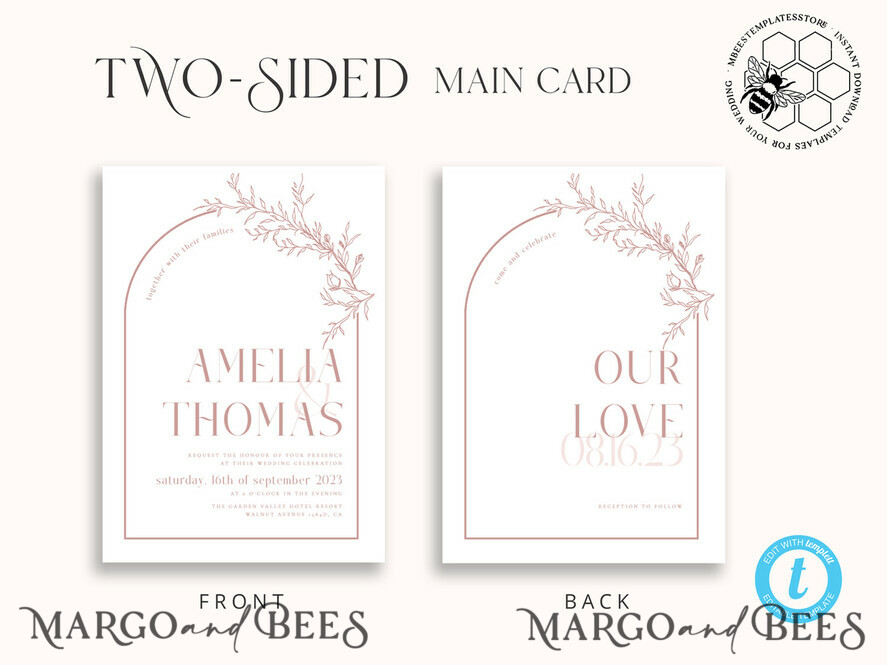 TEMPLETT wedding invitation download Boho Blush Pink wedding Invitations Set Template, Instant Download Printable Invites Home Printing, Simple Wedding Invitation Card, WB14