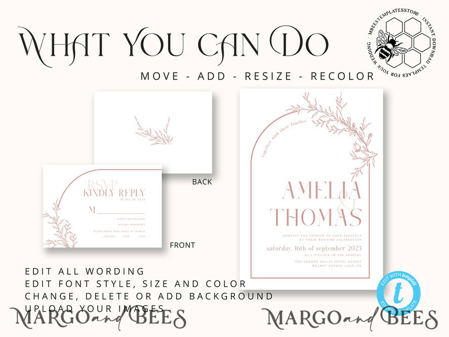 TEMPLETT wedding invitation download Boho Blush Pink wedding Invitations Set Template, Instant Download Printable Invites Home Printing, Simple Wedding Invitation Card, WB14