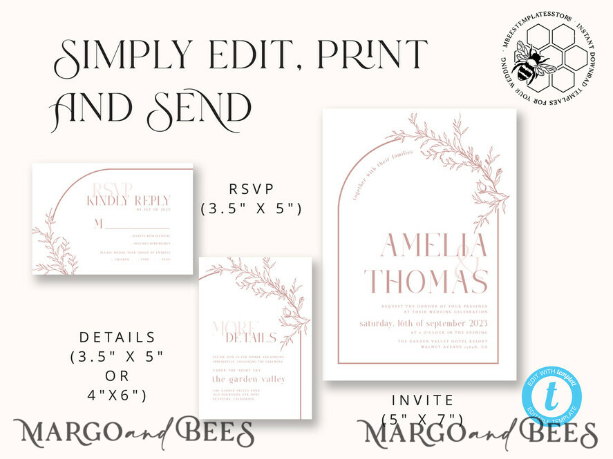 TEMPLETT wedding invitation download Boho Blush Pink wedding Invitations Set Template, Instant Download Printable Invites Home Printing, Simple Wedding Invitation Card, WB14