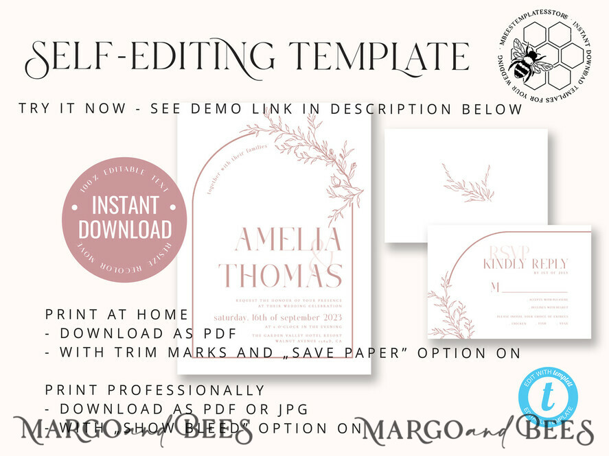 TEMPLETT wedding invitation download Boho Blush Pink wedding Invitations Set Template, Instant Download Printable Invites Home Printing, Simple Wedding Invitation Card, WB14
