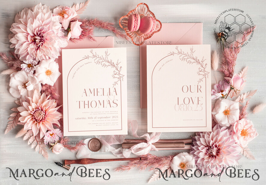 TEMPLETT wedding invitation download Boho Blush Pink wedding Invitations Set Template, Instant Download Printable Invites Home Printing, Simple Wedding Invitation Card, WB14