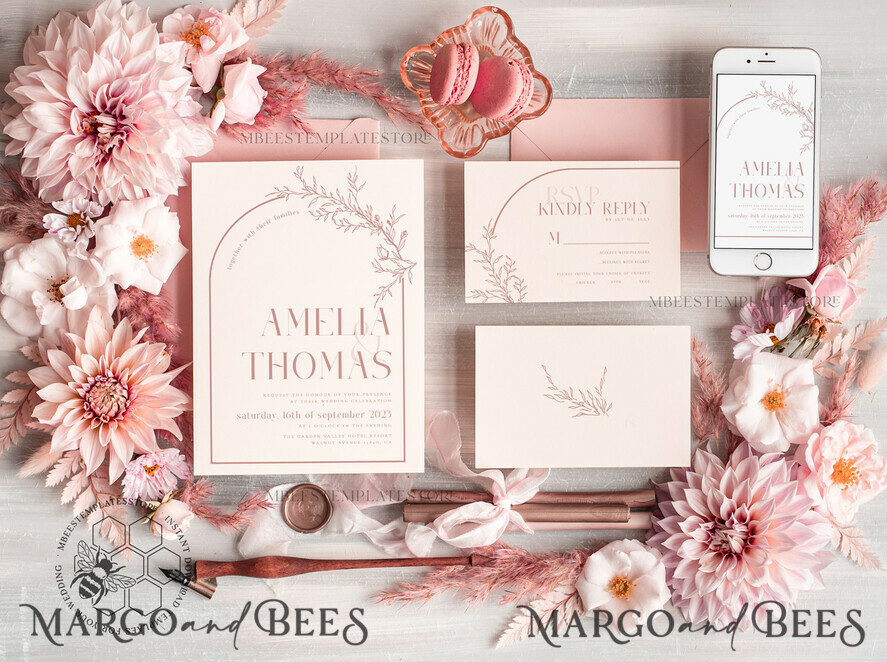 TEMPLETT wedding invitation download Boho Blush Pink wedding Invitations Set Template, Instant Download Printable Invites Home Printing, Simple Wedding Invitation Card, WB14