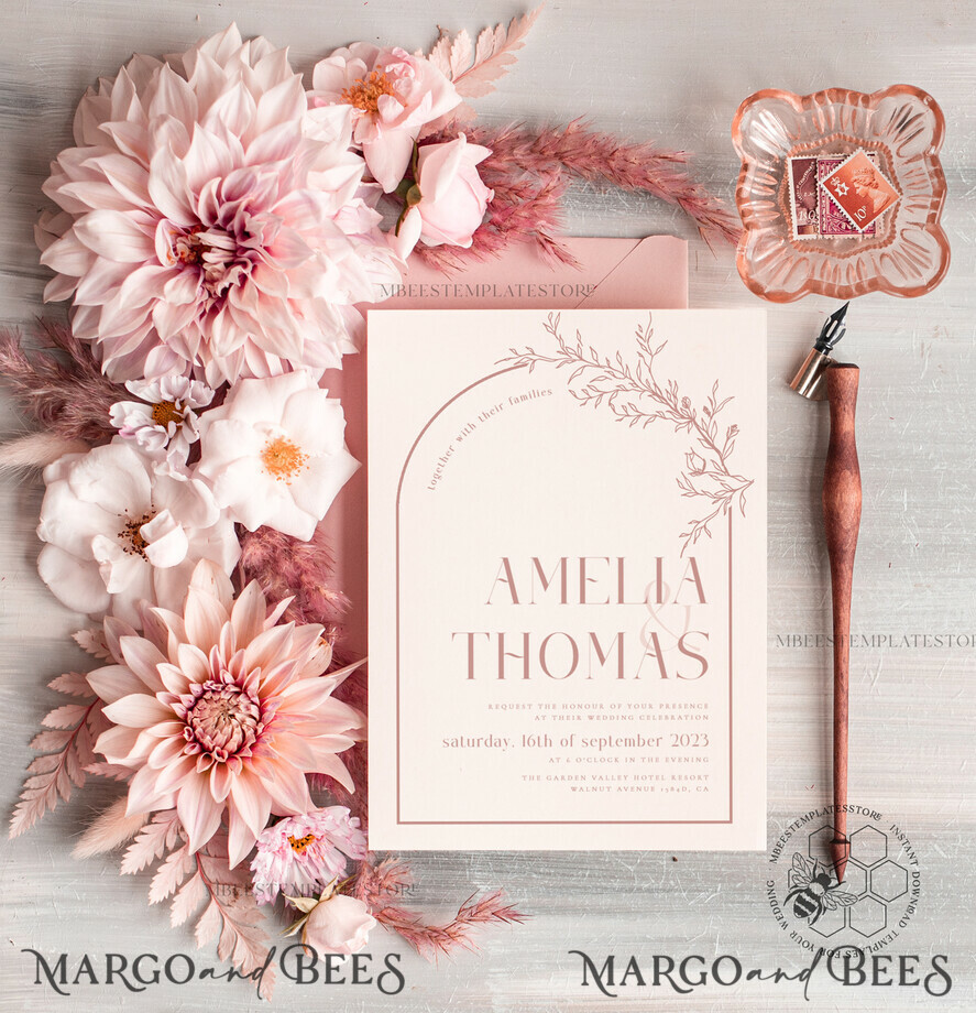 TEMPLETT wedding invitation download Boho Blush Pink wedding Invitations Set Template, Instant Download Printable Invites Home Printing, Simple Wedding Invitation Card, WB14