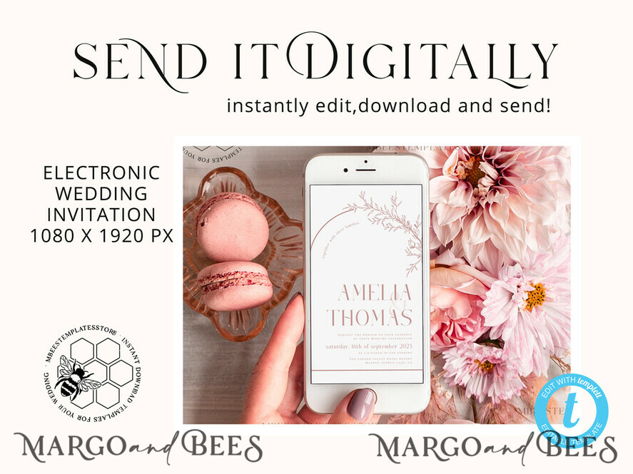 TEMPLETT wedding invitation download Boho Blush Pink wedding Invitations Set Template, Instant Download Printable Invites Home Printing, Simple Wedding Invitation Card, WB14