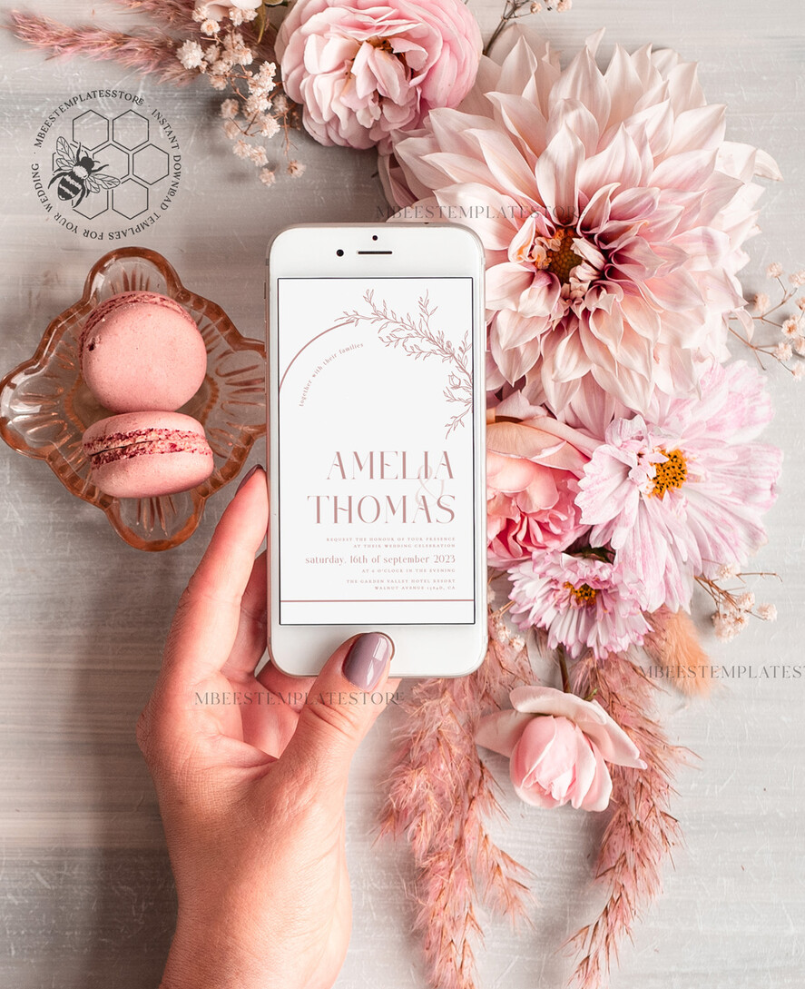 TEMPLETT wedding invitation download Boho Blush Pink wedding Invitations Set Template, Instant Download Printable Invites Home Printing, Simple Wedding Invitation Card, WB14