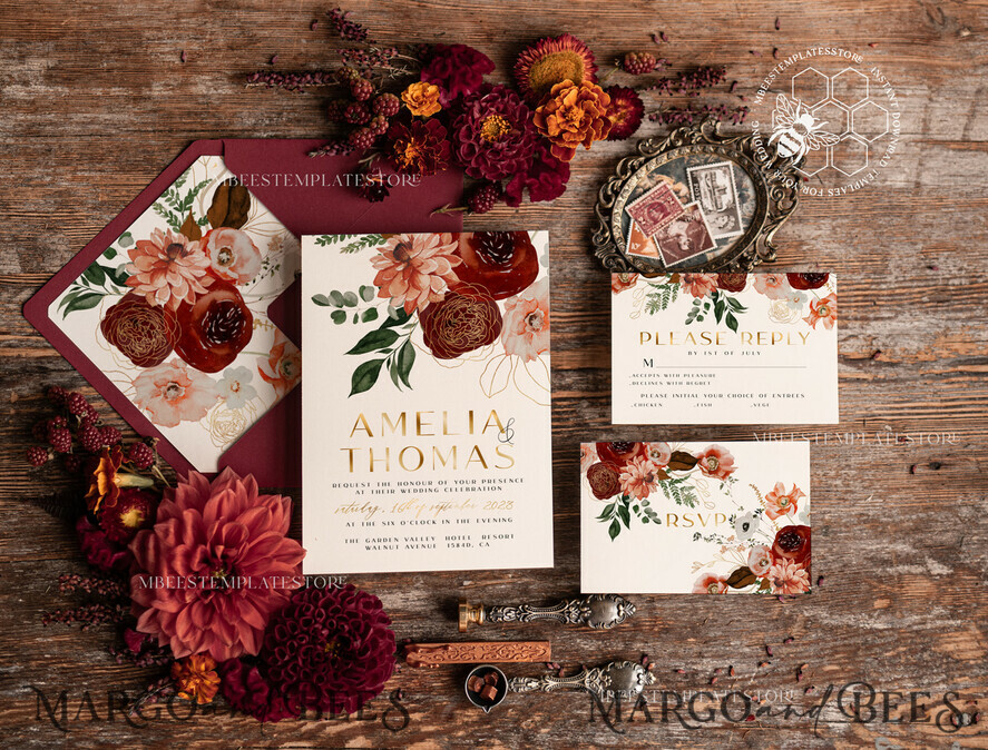 TEMPLETT  
 Hochzeits Einladung Download Boho Herbsthochzeits Einladungskarten Set Terrakotta Maroon Burgunder Vorlage, Sofortiger Herbst Download Druckbare Einladungen Heimdruck, Terrakotta Herbsthochzeits Einladungskarten Set