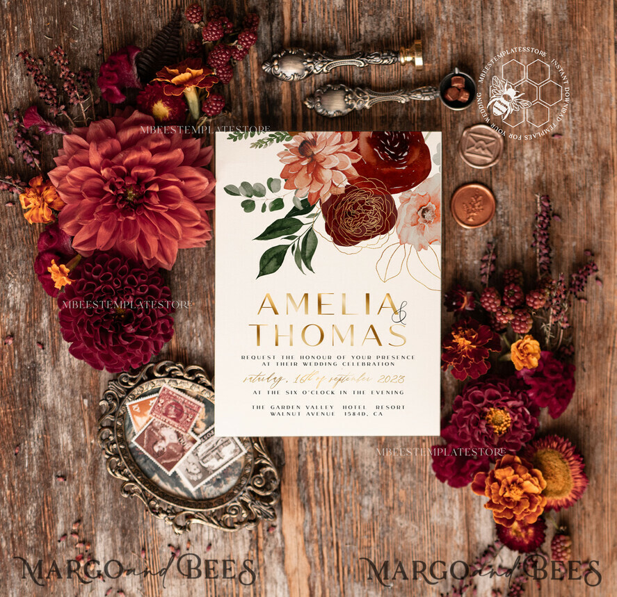 TEMPLETT  
 Hochzeits Einladung Download Boho Herbsthochzeits Einladungskarten Set Terrakotta Maroon Burgunder Vorlage, Sofortiger Herbst Download Druckbare Einladungen Heimdruck, Terrakotta Herbsthochzeits Einladungskarten Set
