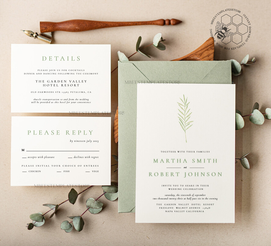 TEMPLETT wedding invitation download Sage Green wedding invitation template, Instant download Greenery Wedding Invites, Eucalyptus  Garden Wedding Invitation Printable