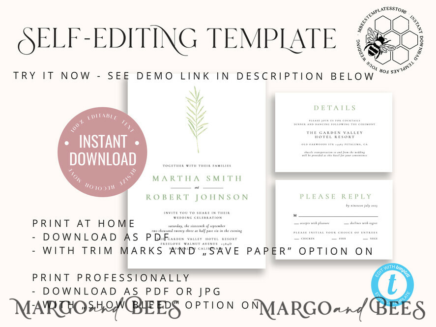 TEMPLETT wedding invitation download Sage Green wedding invitation template, Instant download Greenery Wedding Invites, Eucalyptus  Garden Wedding Invitation Printable