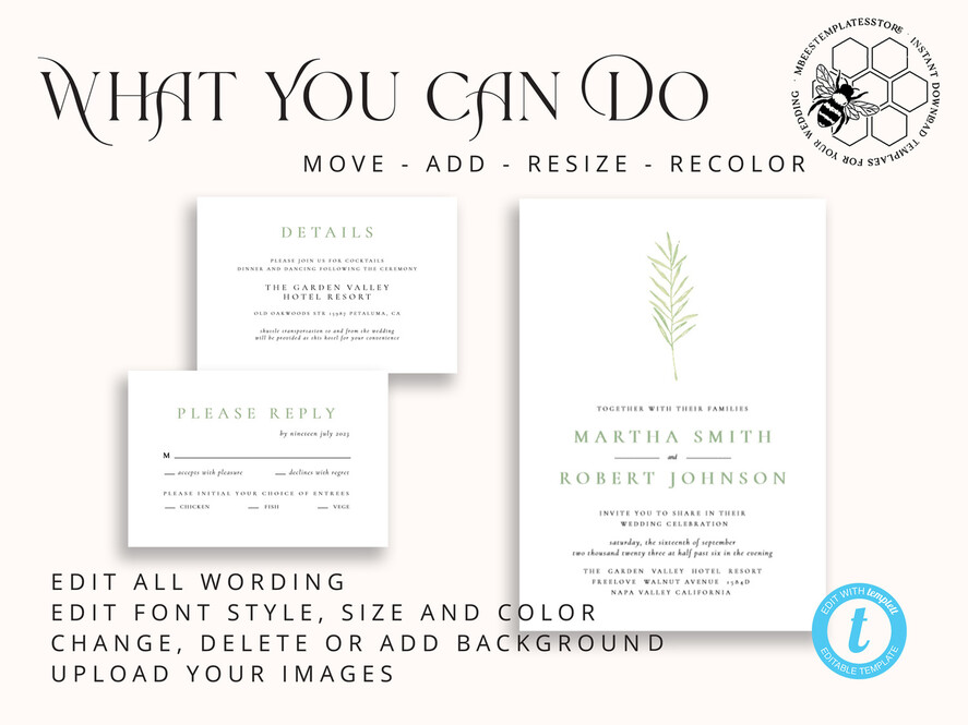 TEMPLETT wedding invitation download Sage Green wedding invitation template, Instant download Greenery Wedding Invites, Eucalyptus  Garden Wedding Invitation Printable
