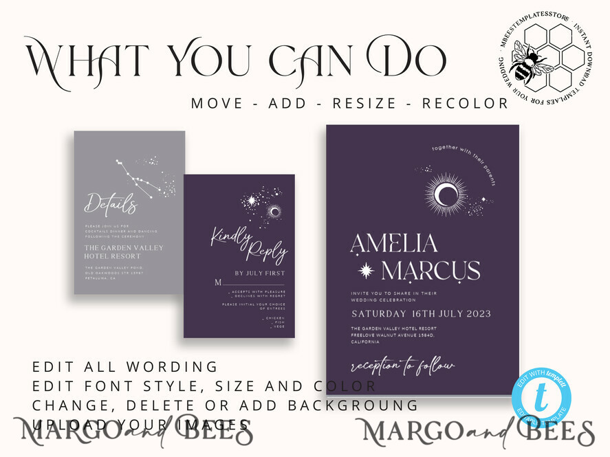 TEMPLETT wedding invitation download Moon wedding invitation template, Instant download Tarot Invites, Moon and Stars Purple Invitation Printable Templates, Self Editabe Wedding Invitation Suite