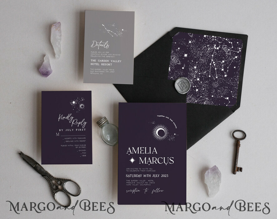 TEMPLETT wedding invitation download Moon wedding invitation template, Instant download Tarot Invites, Moon and Stars Purple Invitation Printable Templates, Self Editabe Wedding Invitation Suite
