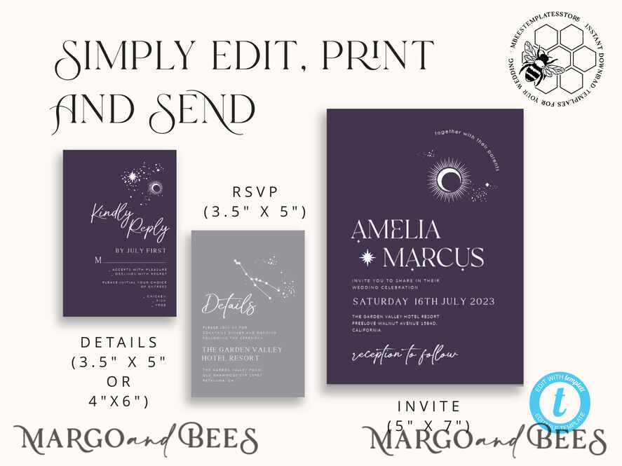 TEMPLETT wedding invitation download Moon wedding invitation template, Instant download Tarot Invites, Moon and Stars Purple Invitation Printable Templates, Self Editabe Wedding Invitation Suite